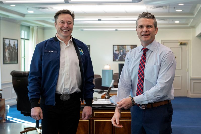 U.S. Secretary of Defense Pete Hegseth welcomes Elon Musk as a visitor to the Pentagon